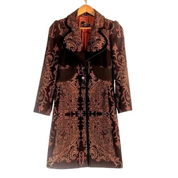 Etro Brown Paisley Velvet Trim Cotton Wool Long Coat Jacket - Picture 1 of 8